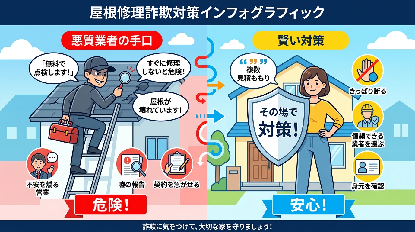 屋根修理の詐欺手口と対策を解説するインフォグラフィック。画面を左右に分割し、左に「悪質業者の手口」、右に「賢い対策」を配置。左側では、悪徳業者が「無料で点検します!」と不安を煽る様子を赤い警告色で描く