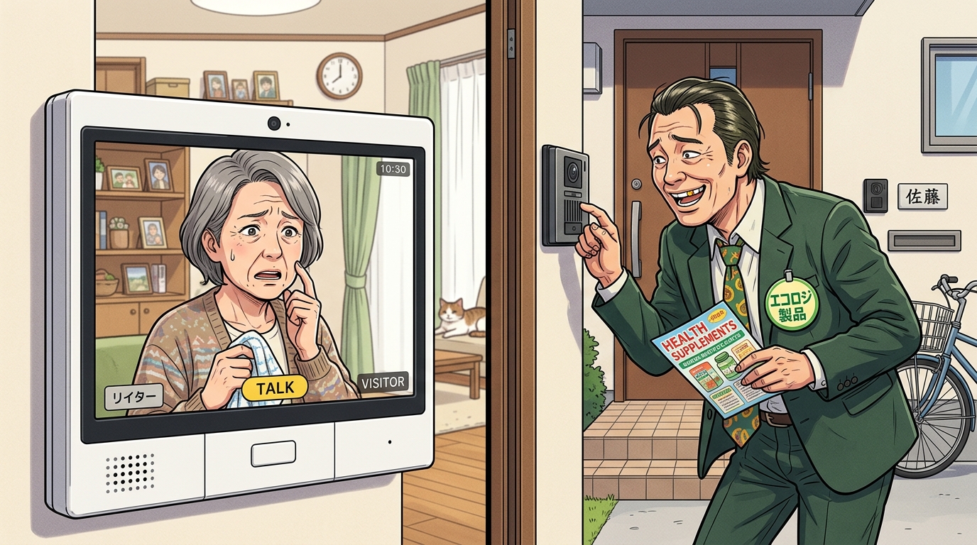 インターホン越しに話す怪しい訪問販売員のイラスト。家の住人が困惑している様子が描かれている。]