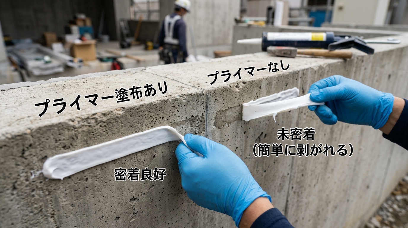 プライマーを塗布した箇所と塗布しなかった箇所のコーキング密着度を比較する写真。塗布しなかった方が簡単に剥がれてしまう様子を見せる]