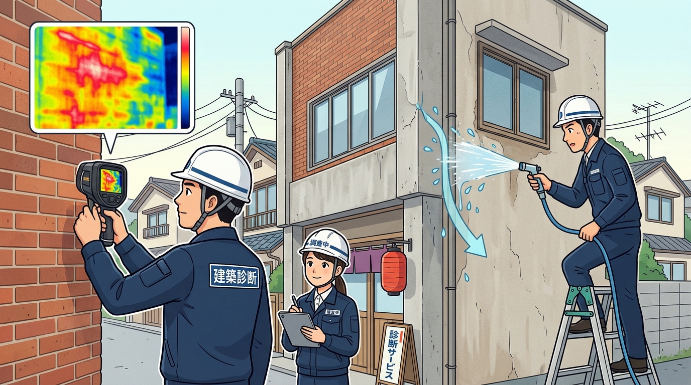 スタッフが赤外線サーモグラフィーカメラを使って壁を調査している写真と、散水調査で水の浸入経路を確認している写真。プロの調査風景を見せることで専門性と信頼性をアピールする。]
