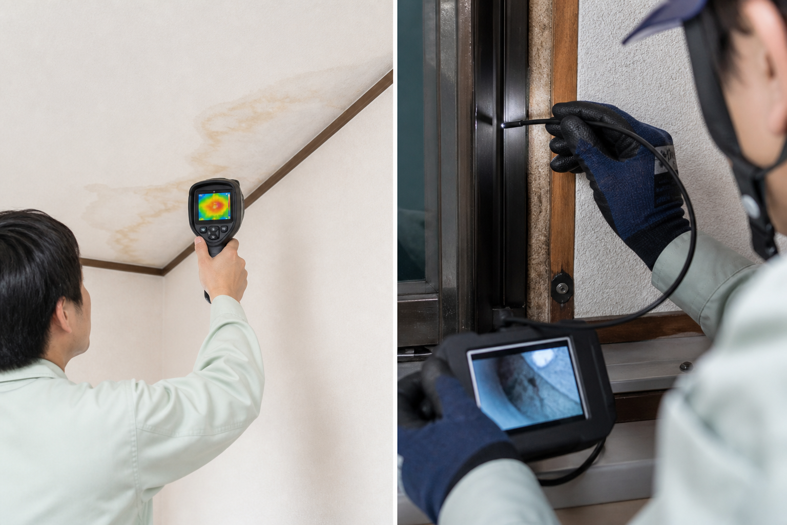 赤外線サーモグラフィーで雨漏り箇所を調査している様子と、ファイバースコープで狭い隙間を確認している様子の写真。]