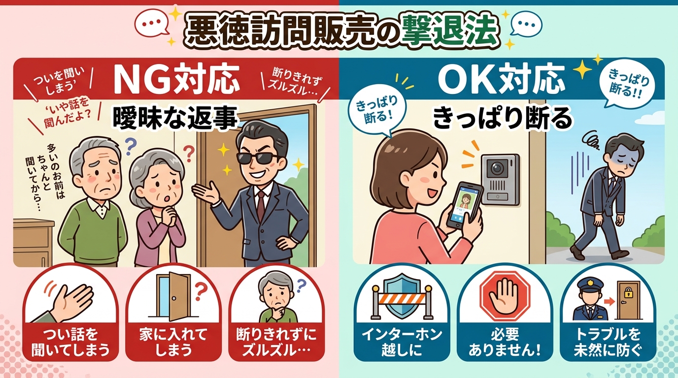 悪徳訪問販売の撃退法をテーマにしたインフォグラフィック。画面を左右に分割し、左に「NG対応」、右に「OK対応」を比較形式で描く。左は、家の中で困惑する住民と怪しい業者のイラストに「曖昧な返事」という文