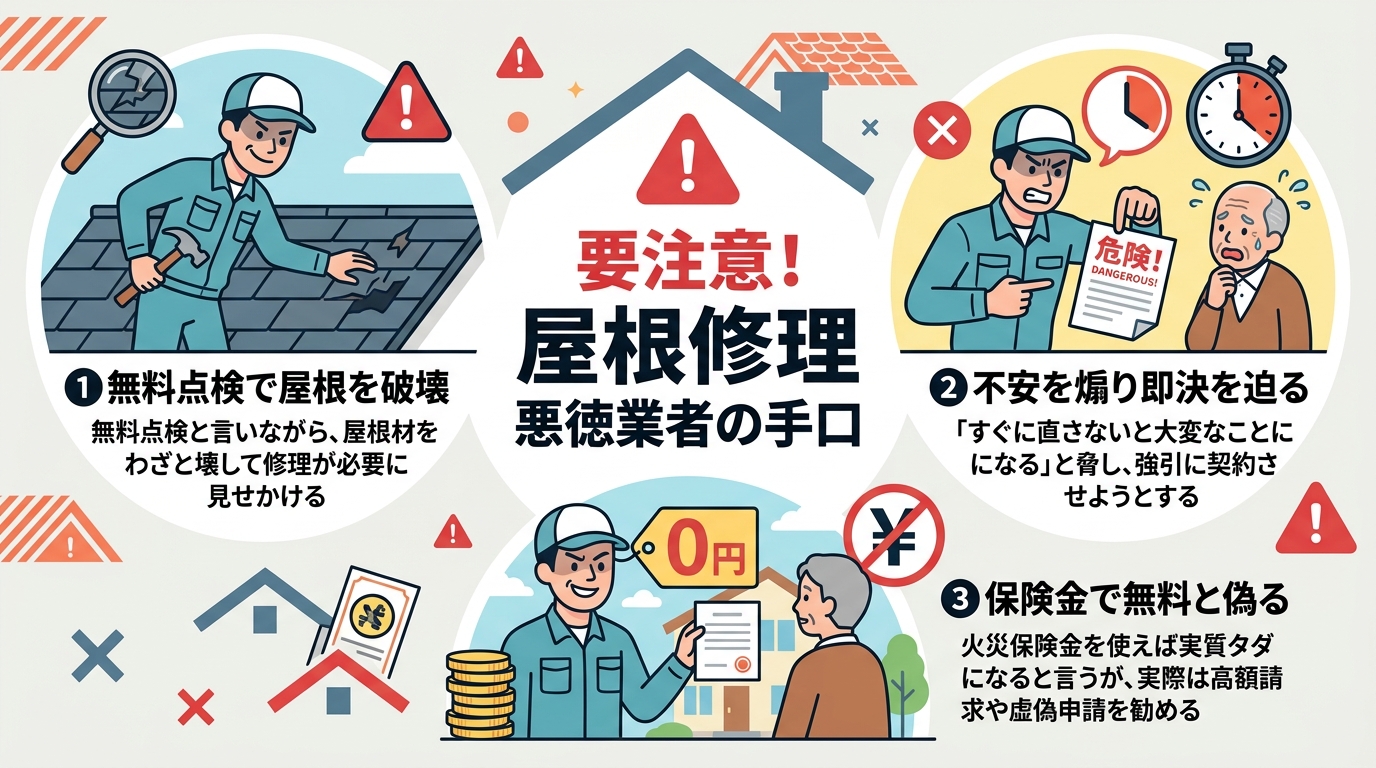 インフォグラフィック、フラットデザイン。中央に「要注意!屋根修理 悪徳業者の手口」というタイトル。その周りに3つの手口を配置。①「無料点検で屋根を破壊」とハンマーを隠す作業員。②「不安を煽り即決を迫る