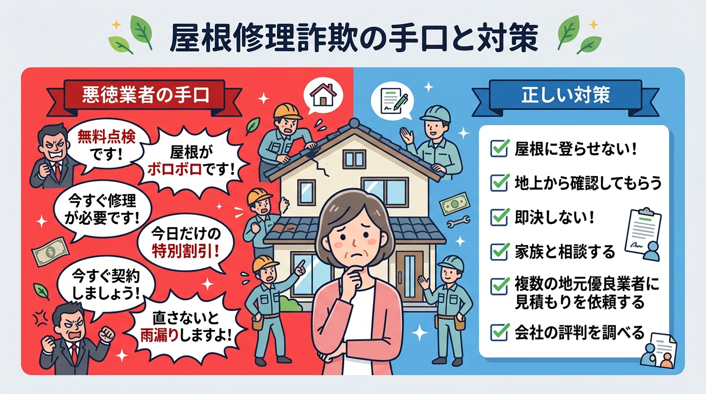インフォグラフィック、「屋根修理詐欺の手口と対策」。左側に赤色背景で「悪徳業者の手口」として『無料点検』『今すぐ修理』等のセリフを吹き出しで、右側に青色背景で「正しい対策」として『屋根に登らせない』『