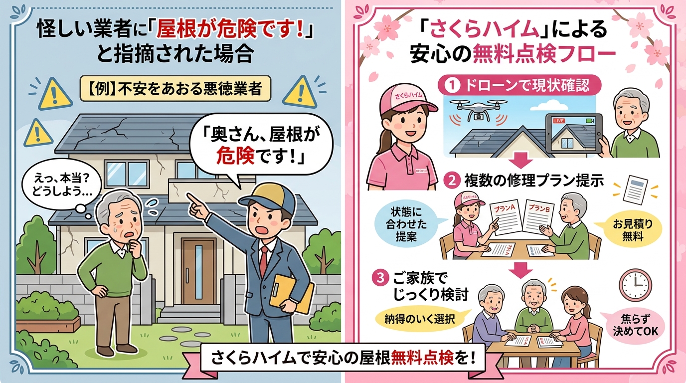 インフォグラフィック、比較図スタイル。左側には怪しい業者に「屋根が危険です!」と指摘され困惑する家の住人。右側には「さくらハイム」の専門家による安心の無料点検フローを描く。フローは「①ドローンで現状確