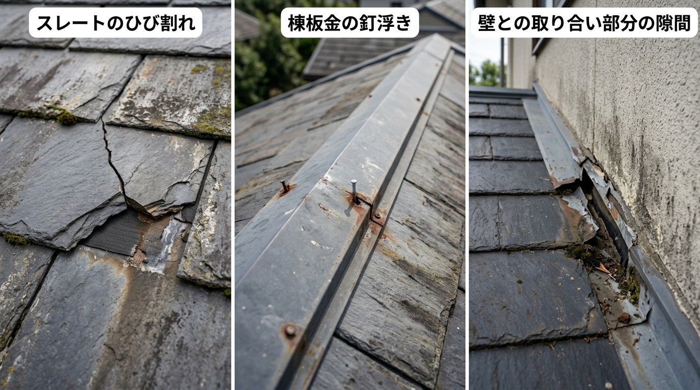 屋根の雨漏り原因となりやすい箇所の劣化写真。例：スレートのひび割れ、棟板金の釘浮き、壁との取り合い部分の隙間など、複数枚]