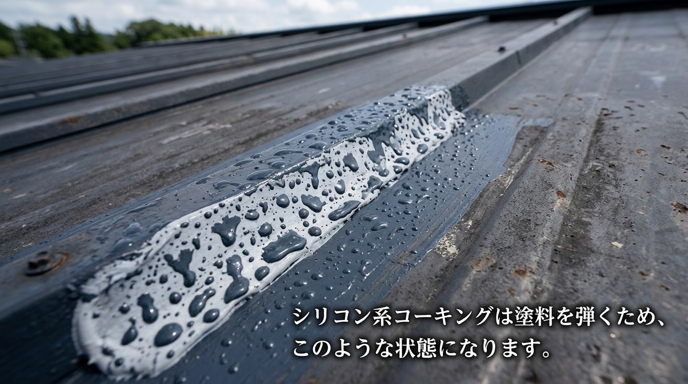 シリコンコーキングの上に塗装を試みた結果、塗料がまだら模様に弾かれてしまっている屋根の写真。キャプション「シリコン系コーキングは塗料を弾くため、このような状態になります。」]