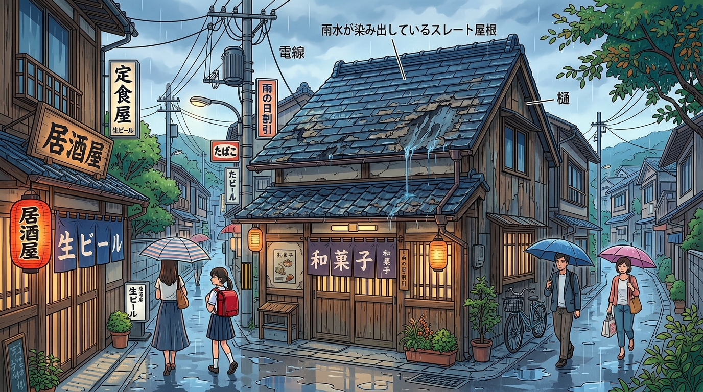 塗装が中途半端に剥がれ、そこから雨水が染み出しているスレート屋根の劣化写真。]