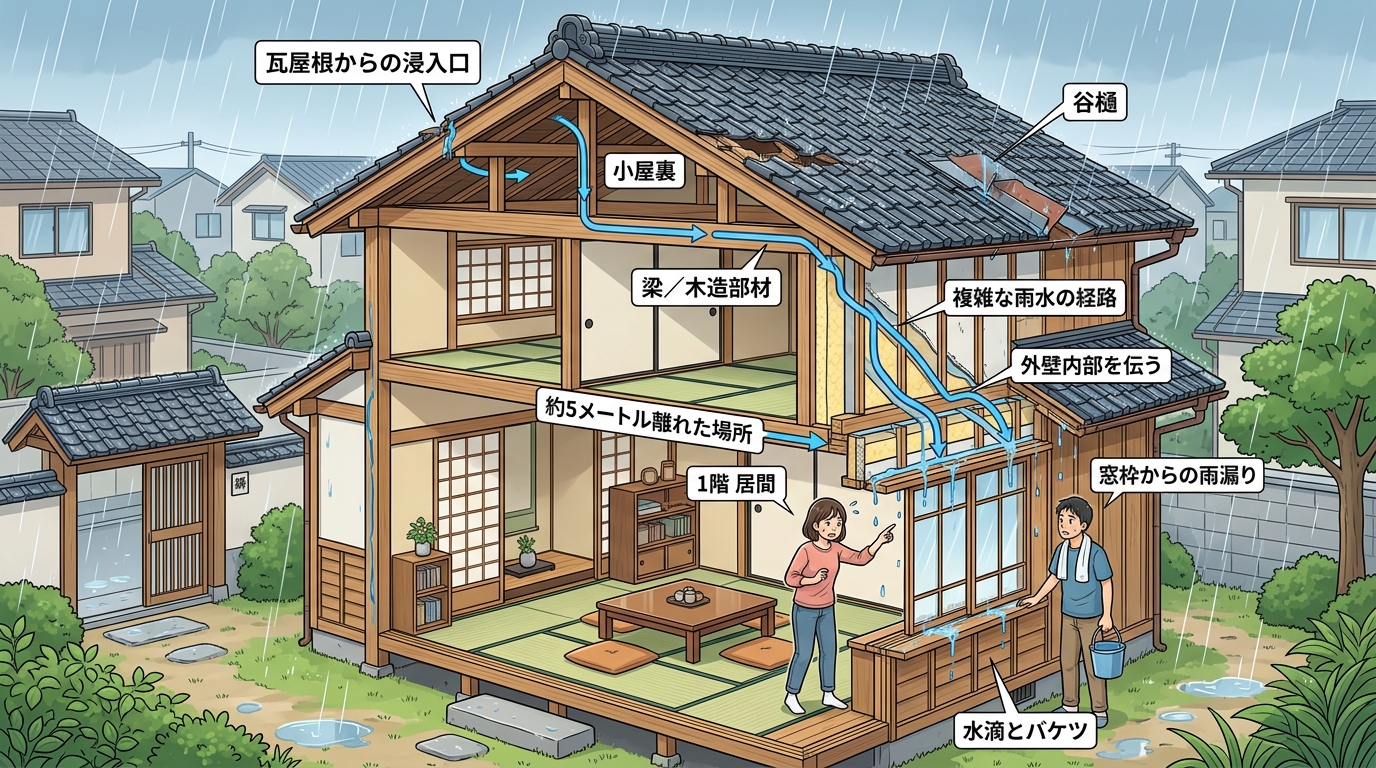 雨水の浸入経路が複雑であることを示すイラスト。屋根から入った雨水が壁の中を伝って、数メートル離れた窓枠から漏れている様子を図解したもの]