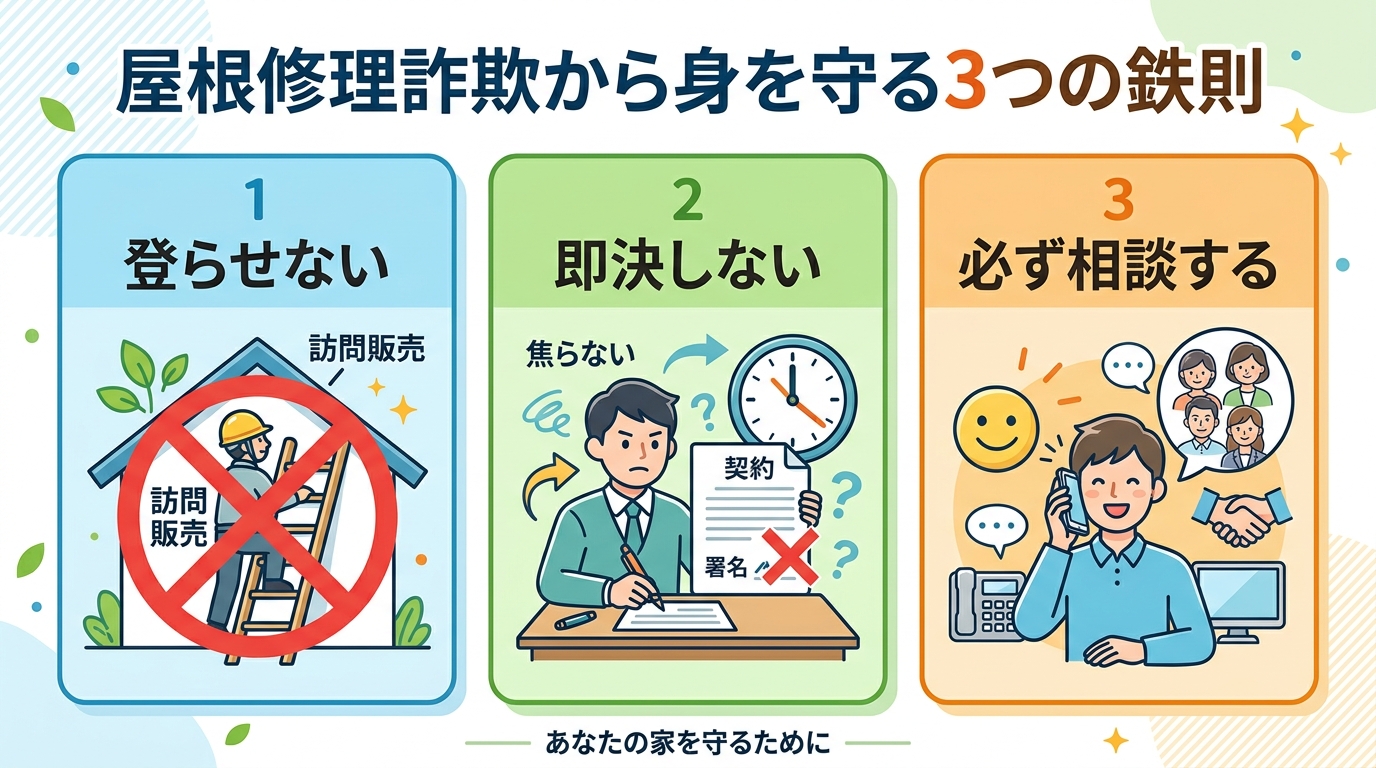 「屋根修理詐欺から身を守る3つの鉄則」というタイトルのインフォグラフィック。3つのパネルで構成されたステップ図。各パネルにアイコンと日本語のキーワードを配置。1「登らせない」家の屋根と禁止マーク。2「