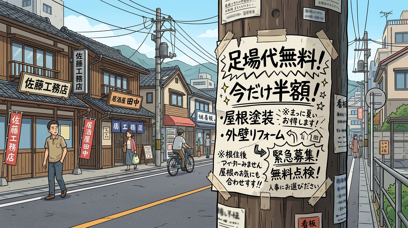 「足場代無料！」「今だけ半額！」と大きく書かれた、手書き風の怪しいチラシのイメージ画像。]