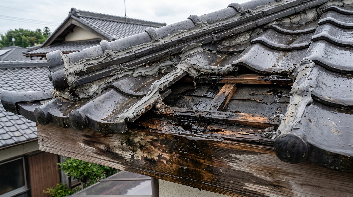 ラバーロック工法で瓦の隙間が不必要にコーキングで埋め尽くされ、屋根内部に水が溜まってしまった現場の失敗写真。]
