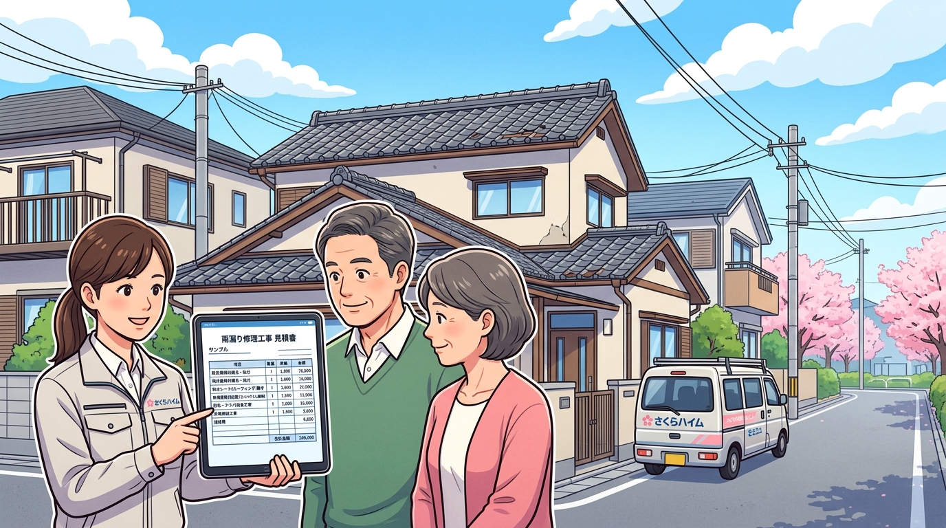 さくらハイムが実際に提出した雨漏り修理の見積書サンプル。工事項目、数量、単価、金額、そして足場代や諸経費の内訳が分かりやすく記載されているもの。]