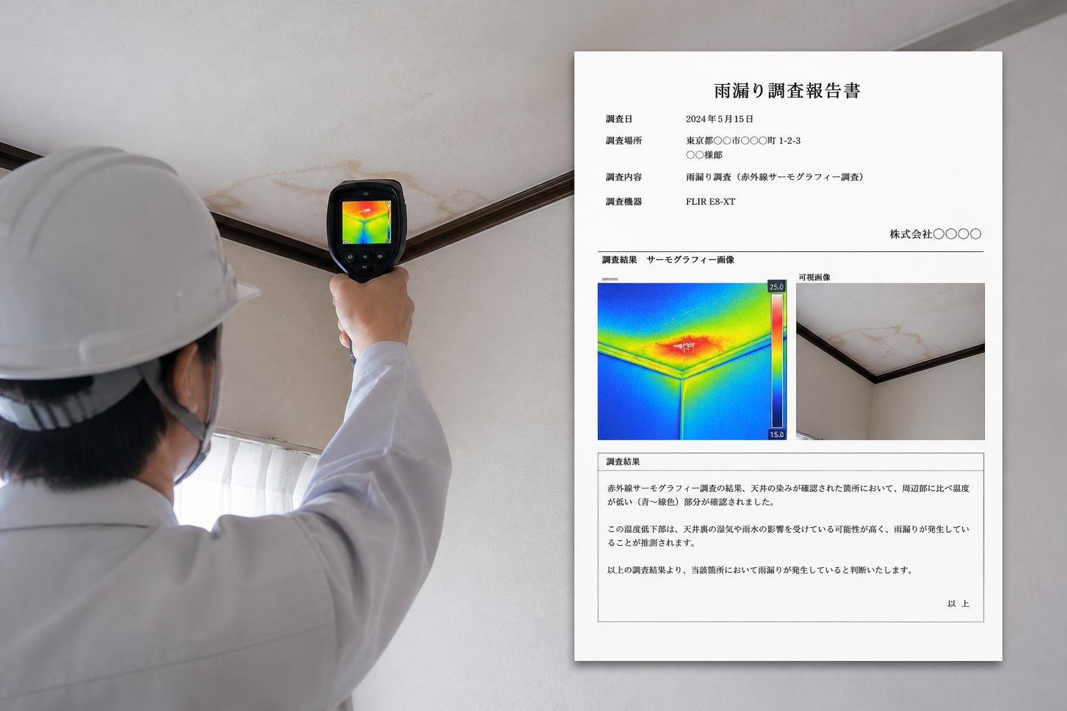 スタッフが赤外線サーモグラフィーを使って雨漏り診断している様子と、写真付き報告書の実物サンプル画像]