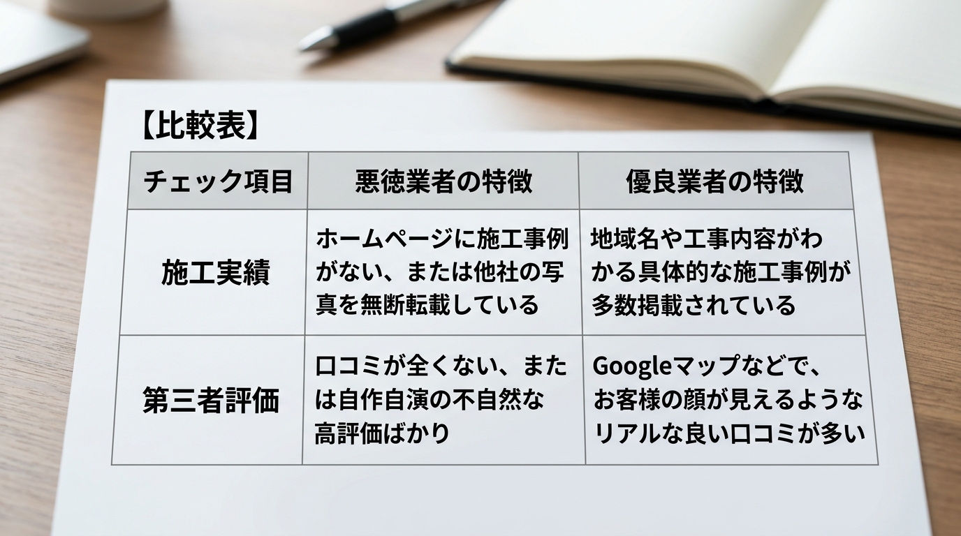  | チェック項目 | 悪徳業者の特徴 | 優良業者の特徴 | |:---|:---|:---| | **施工実績** | ホームページに施工事例がない、または他社の写真を無断転載している