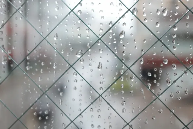 雨の日に窓へ水滴がつき、天井のシミや雨漏りが気になりやすい様子