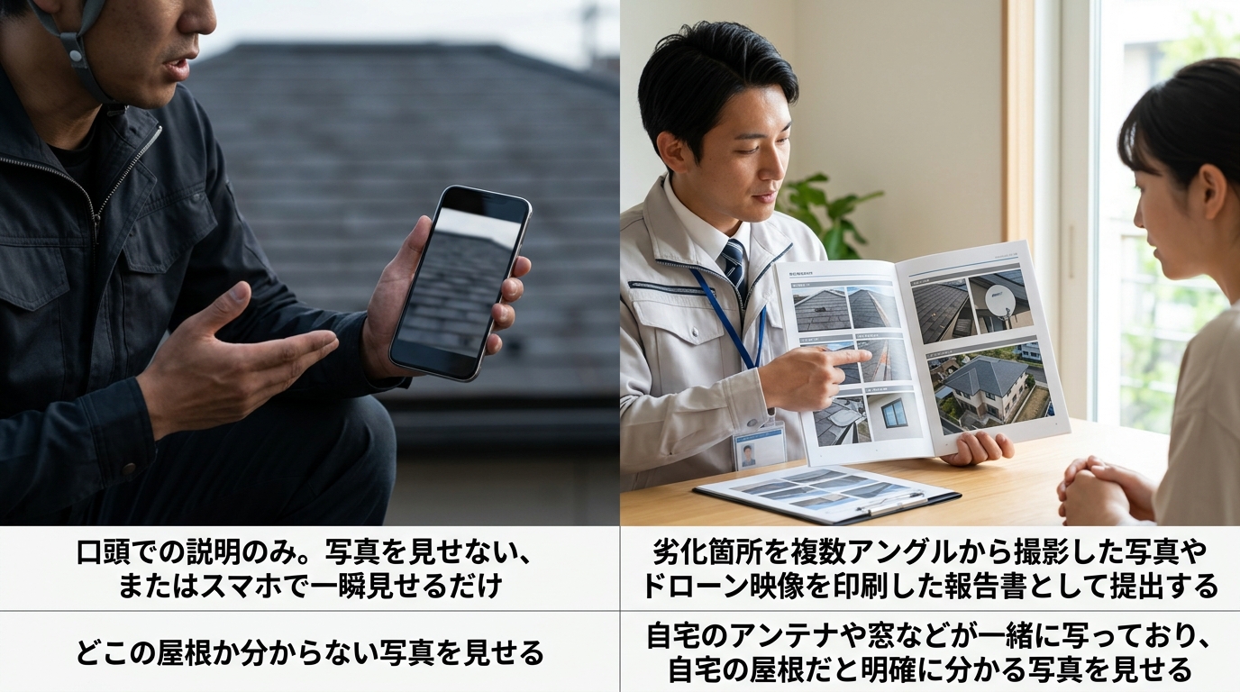  | チェック項目 | 悪徳業者の特徴 | 優良業者の特徴 | |:---|:---|:---| | **点検報告** | 口頭での説明のみ。写真を見せない、またはスマホで一瞬見せるだけ |