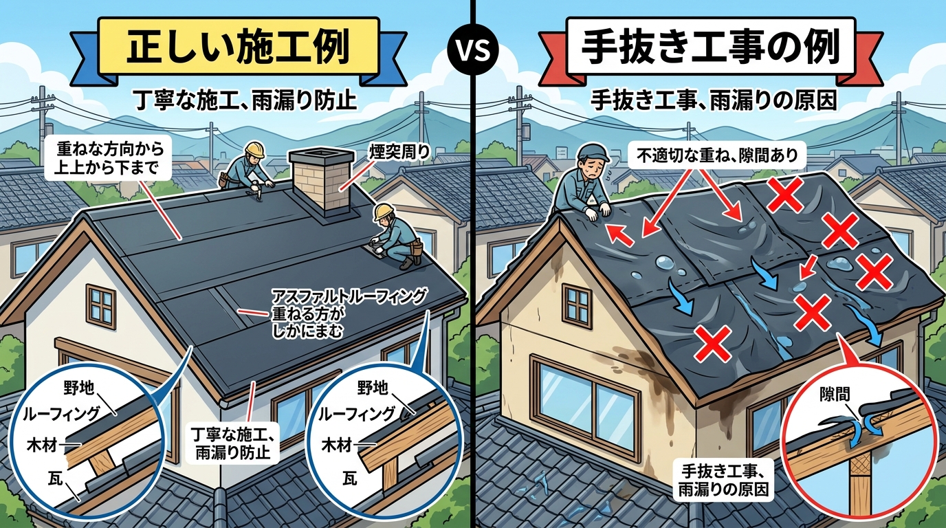 防水シート（ルーフィング）の正しい施工例と、手抜き工事による不適切な施工例を比較する写真。]