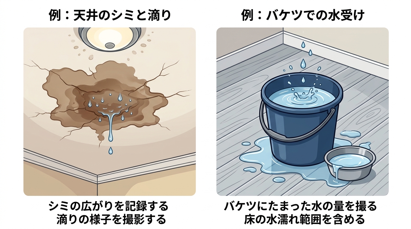 雨漏りの証拠写真の例。天井にシミが広がっている写真や、床に置いたバケツに水が溜まっている写真など、ユーザーが撮影する際の参考になる具体的なイメージ。]