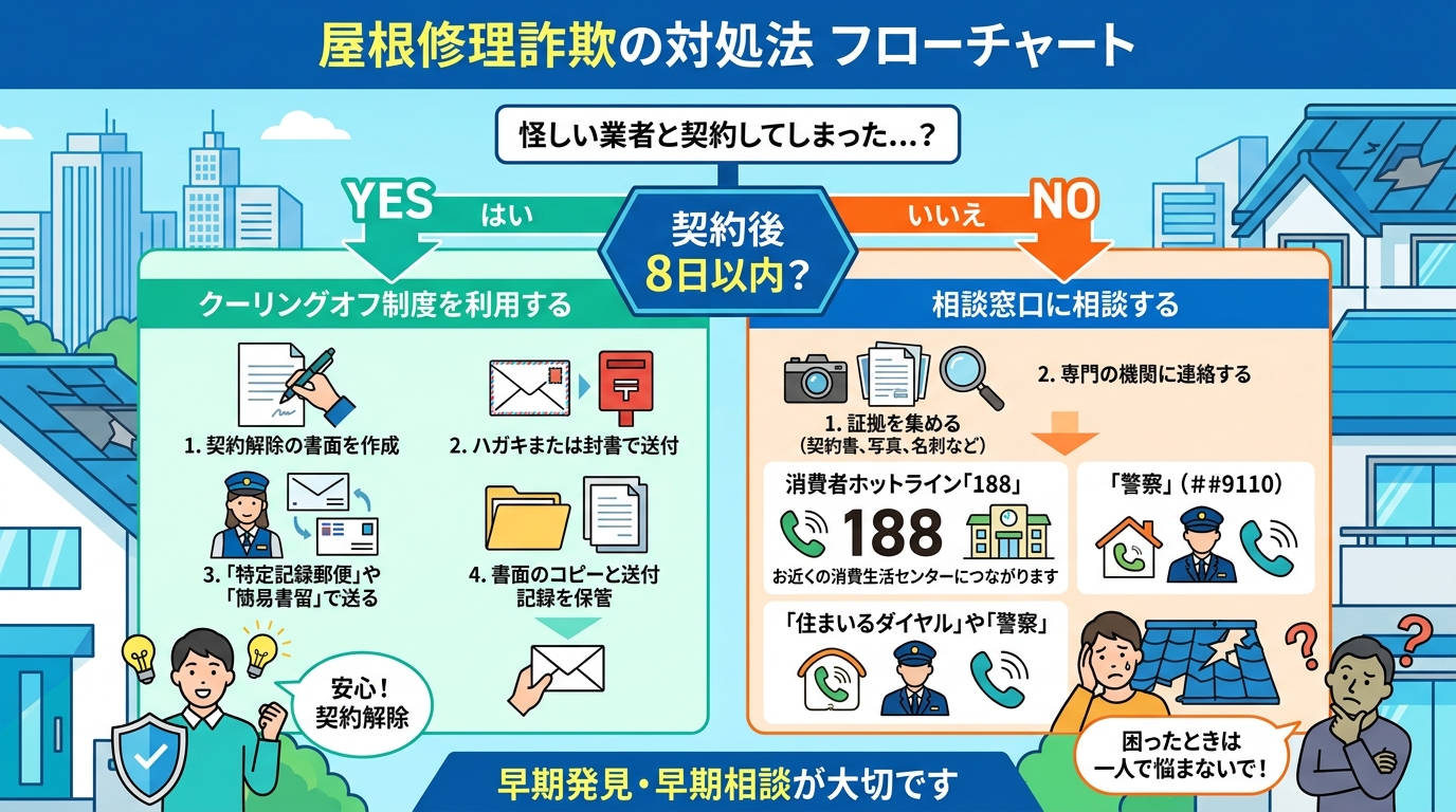 「屋根修理詐欺の対処法」をテーマにしたフローチャート形式のインフォグラフィック。「契約後8日以内?」という分岐点を中心に、YESの場合は「クーリングオフ制度」の手順を書類や郵便のアイコンで図解し、NO