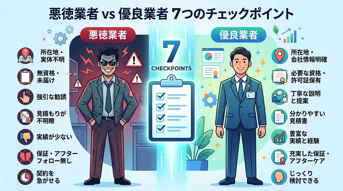 「悪徳業者 vs 優良業者 7つのチェックポイント」というタイトルのインフォグラフィック。画面を左右に分割し、左に怪しい表情の悪徳業者、右に誠実な笑顔の優良業者を配置。それぞれの特徴(所在地、資格など