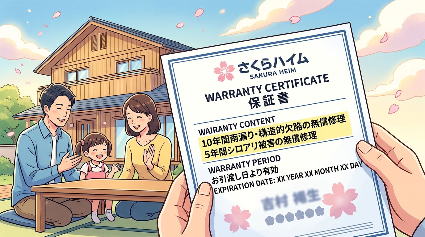 さくらハイムが実際に発行している保証書（お客様の個人情報は伏せた状態）のサンプル写真。「保証内容」や「保証期間」が具体的に記載されている部分をクローズアップし、安心感を伝える。]