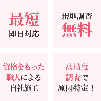 最短即日対応 現地調査無料 資格をもった職人による自社施工 高精度調査で原因特定！