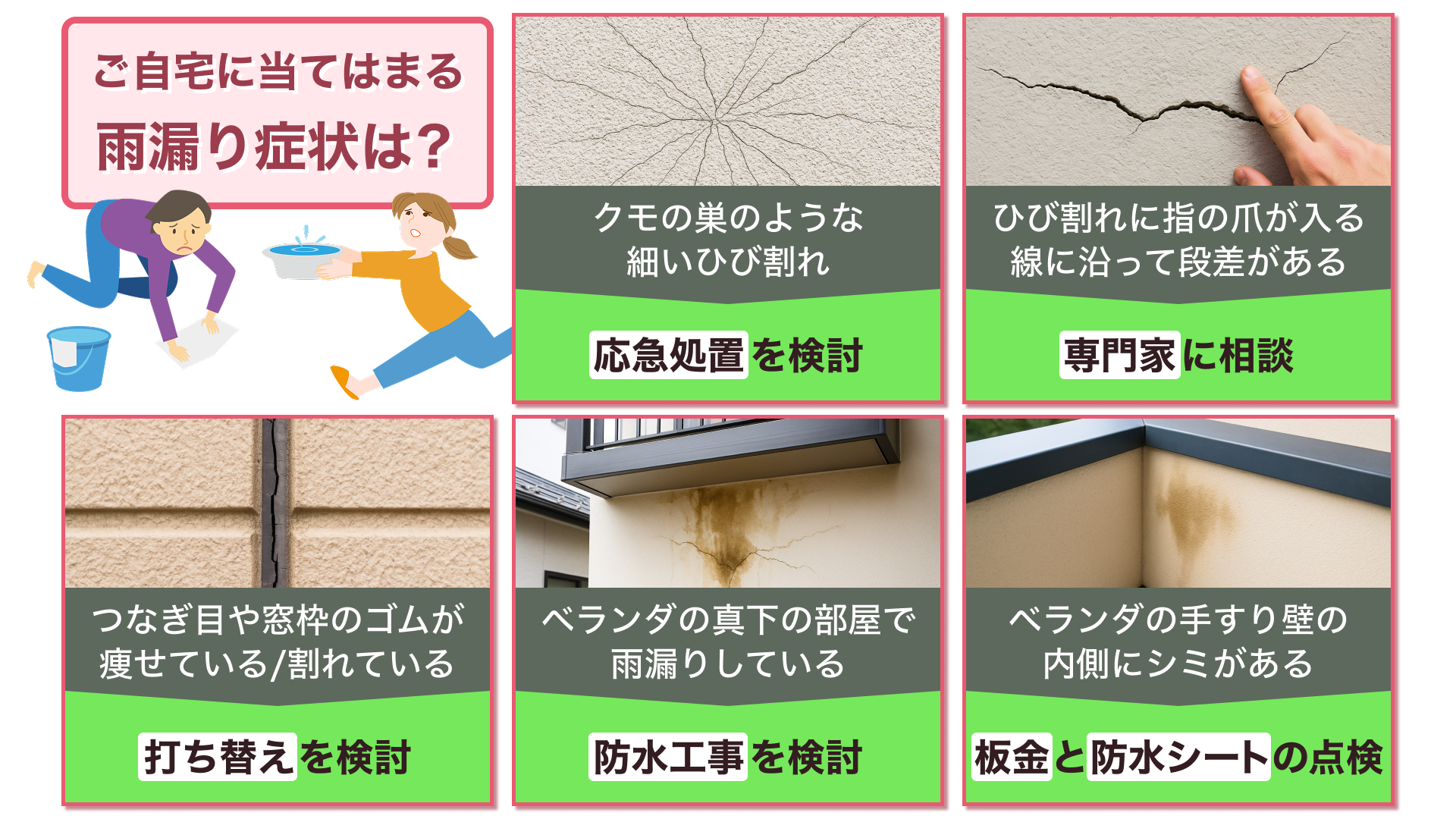 自宅の雨漏り症状別対処法